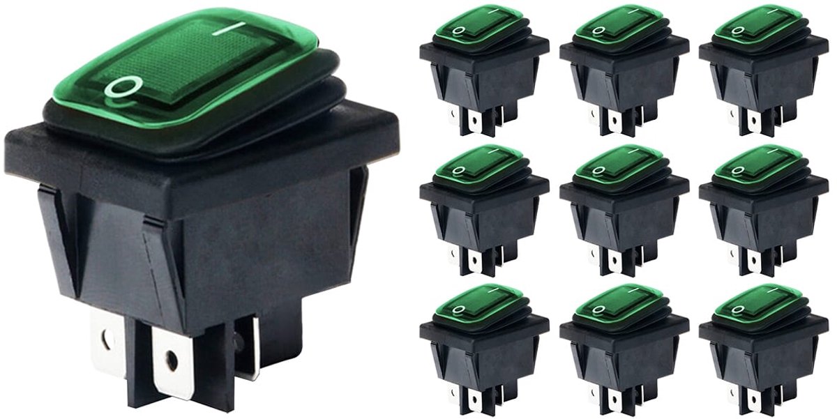 Orbit Electronic Wipschakelaar ON-OFF - 4-pins - 30x22mm - 16A 250V - Spat Waterdicht - KCD4-201-16 - Groen - 10 stuks
