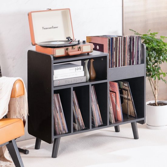 Platenspeler Tafel - Platenspeler Standaard - Vinyl Opbergkast voor 350+ Elpees - Retro Platenkast Mid-Century Modern - Vinyl Storage Meubel met Verstelbare Plank - Audiomeubel & Platenspeler Meubel - Platenhouder - Zwart — afbeelding 5