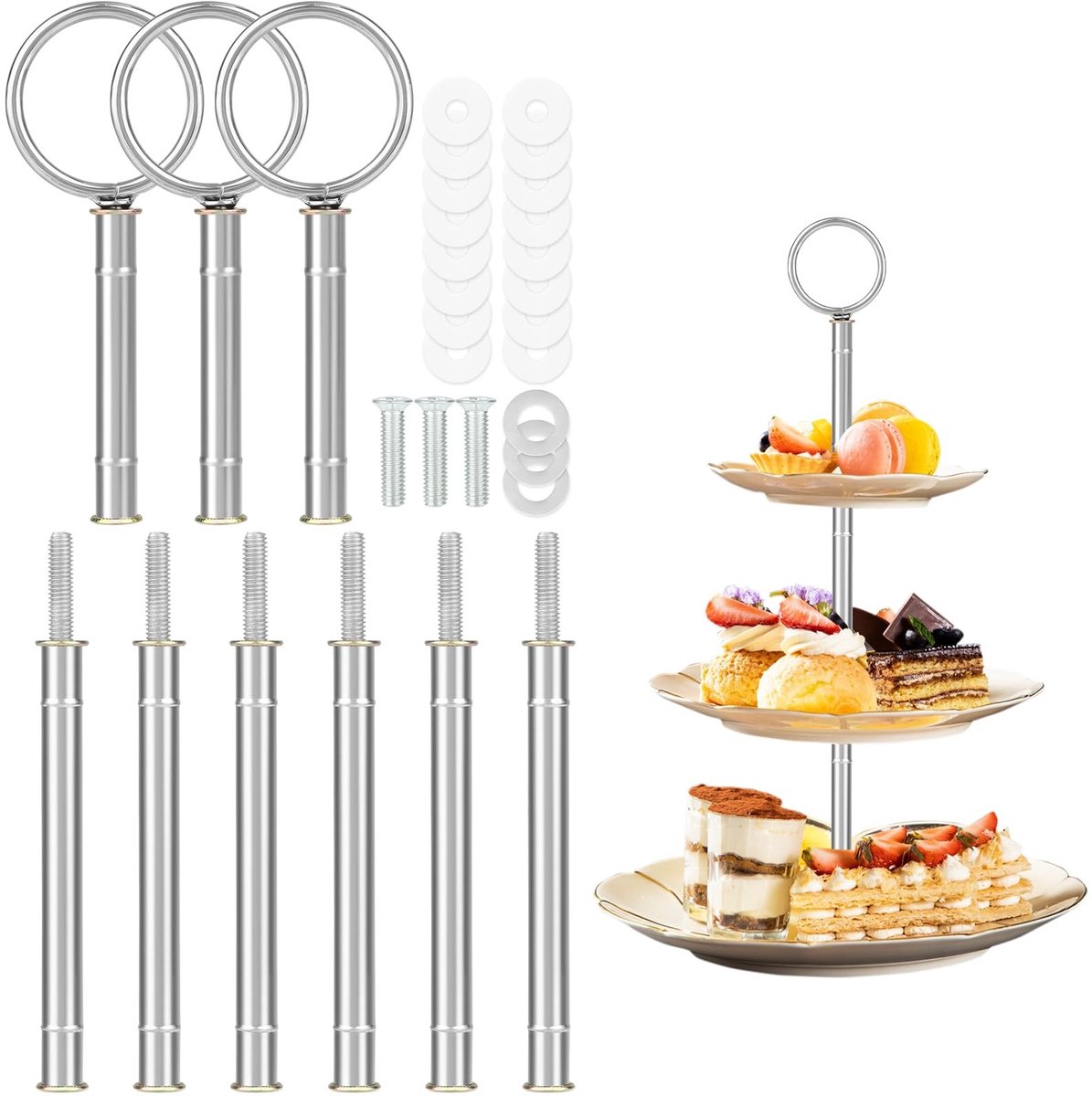 Dailygoods- Etagèrestangen Set van 9 - Etagère met Schroeven - Zilver - Roestvrij Staal - 3 Verdiepingen - Voor Taartstandaard