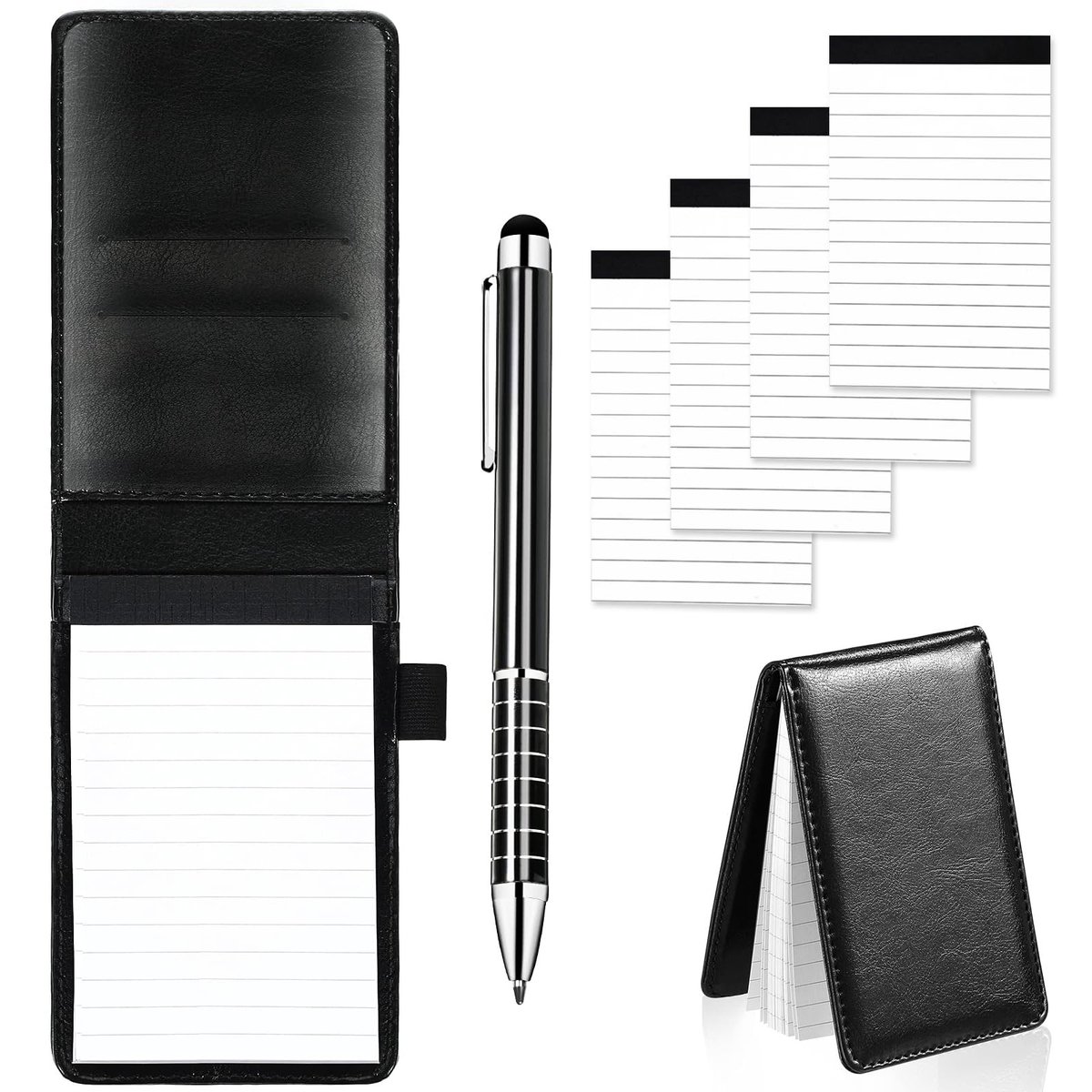 Dailygoods- Notitieboek A7 - Mini Notitieblok - Set met 4 Reserveblokken - Inclusief Pen - Compact formaat - Zwart PU-papier