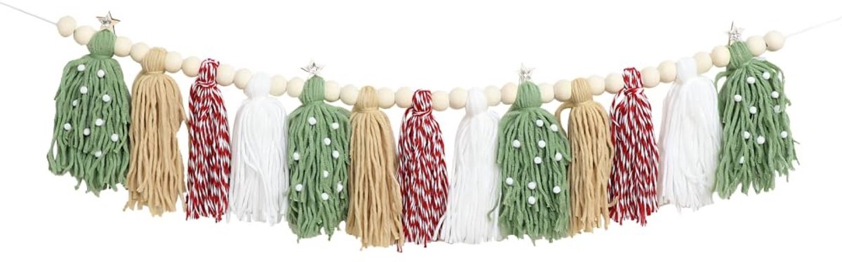 Dailygoods- Kerstpompoenkrans - Wanddecoratie Bohemian - Houten kralen - 13 Drapeerkwastjes - Kerstdecoratie binnenshuis - Herbruikbaar en stevig