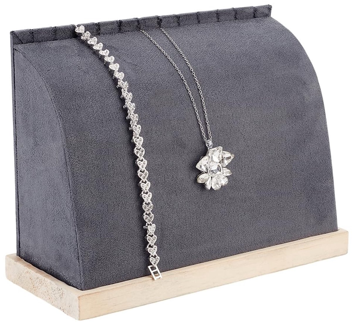 Dailygoods- Sieradenstandaard voor 11 Kettingen - Velours Houder - Houten Beugel - Organiseren en Tonen - 9 cm Breed - 21 cm Lang - 15,8 cm Hoog - Sieradenhouder