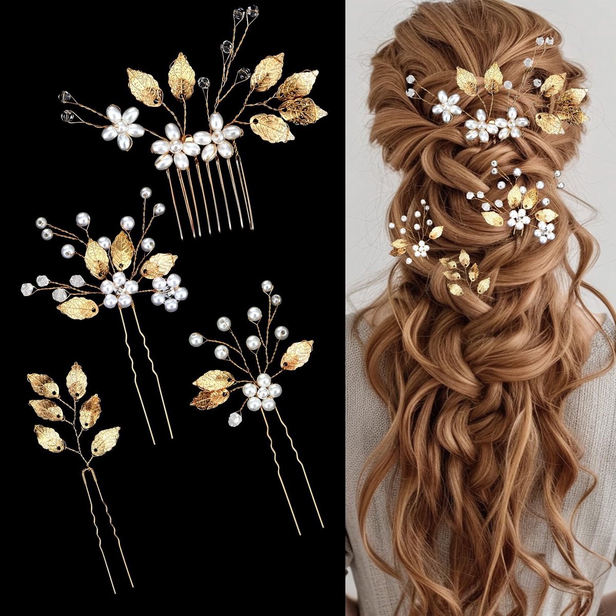 Dailygoods- Bruidshaarspelden Gouden Bladeren - Haaraccessoires - Bruidsmeisjes - Parel/Kristal - Vintage Bloem - Elegant en Lichtgewicht - Haarsieraad