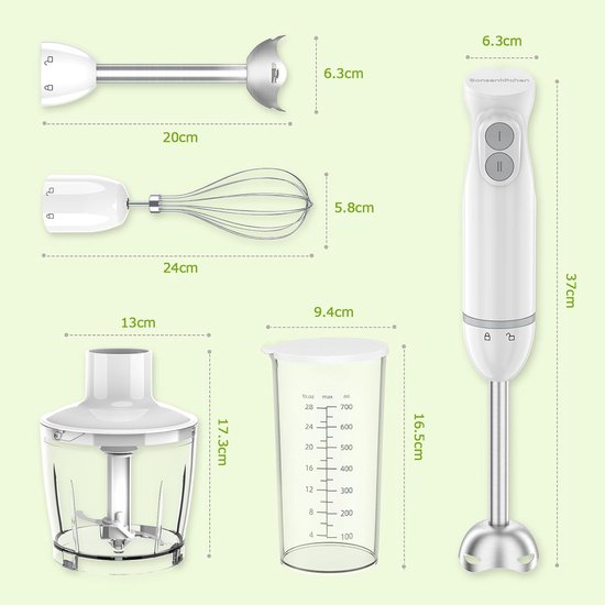 Staafmixer Set - Keukenmixer Hand - Eten Bereiden - Krachtige 1000W Motor - 500ml Hakmolen - Wit — afbeelding 2