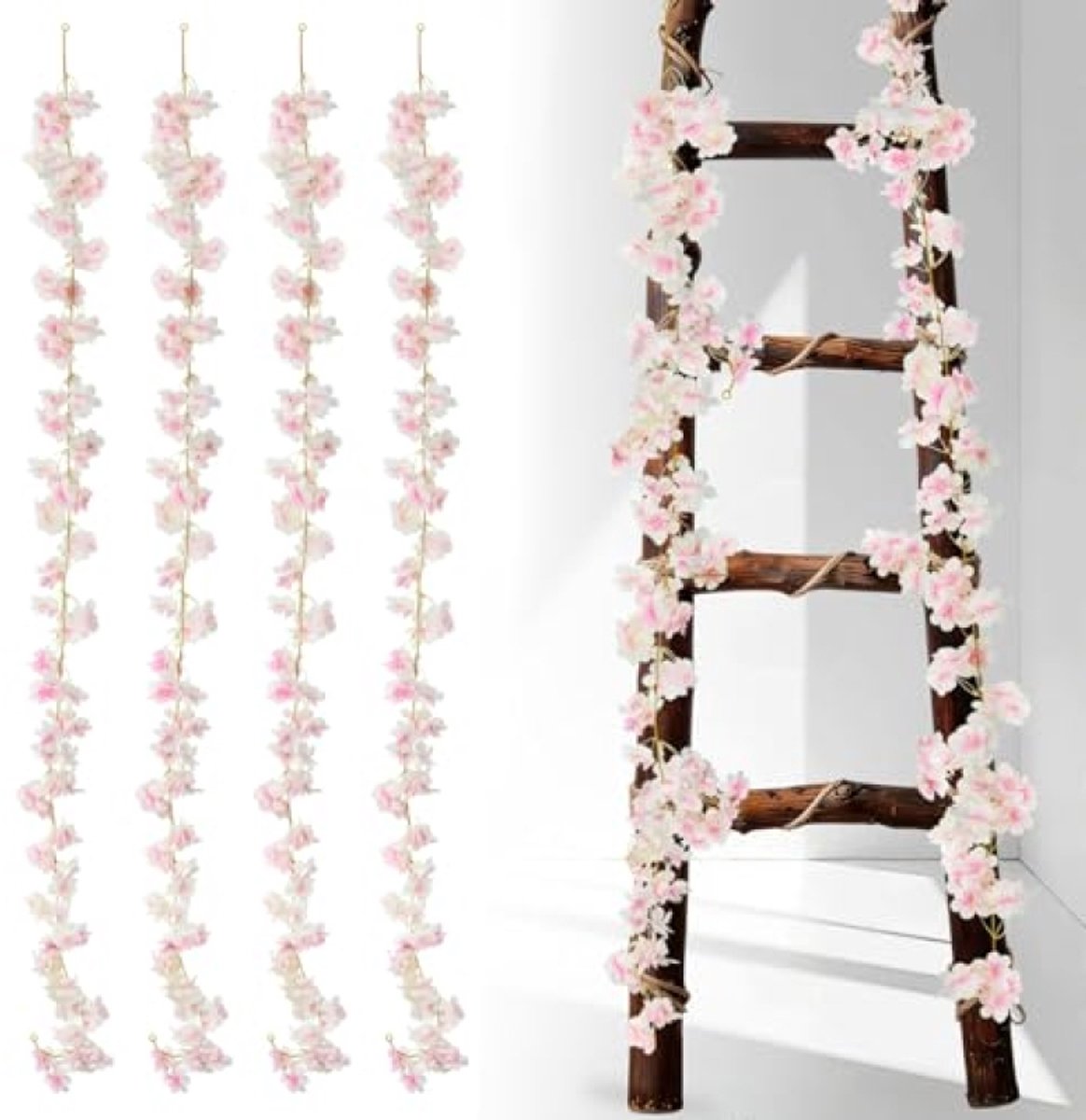 PromoHome 4 Stuks Kunstbloem Guirlande Roze Kersenbloesem Decoratie 180cm Kunsttak Woonkamer Lente Muur Trap Bruiloft