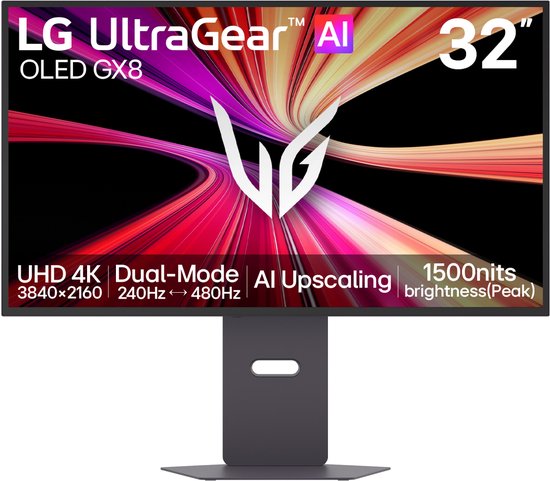 Vooraanzicht van de LG UltraGear 32 OLED GX8 gaming monitor met 'LG UltraGear AI' logo, 'UHD 4K Dual-Mode' en '1500 nits'.