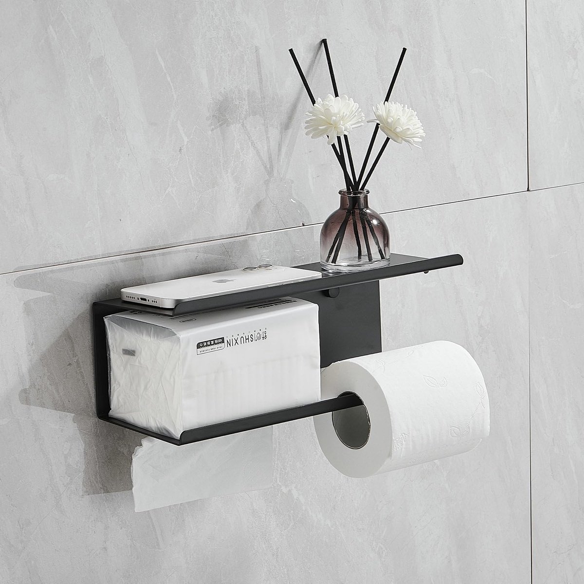 Dailygoods- Toiletpapierhouder groot - WC Papier Houder met dubbele plank - Zelfklevend - Voor vochtige doekjes - Zwart - Geschikt voor badkamer en keuken - Wc-papierhouder