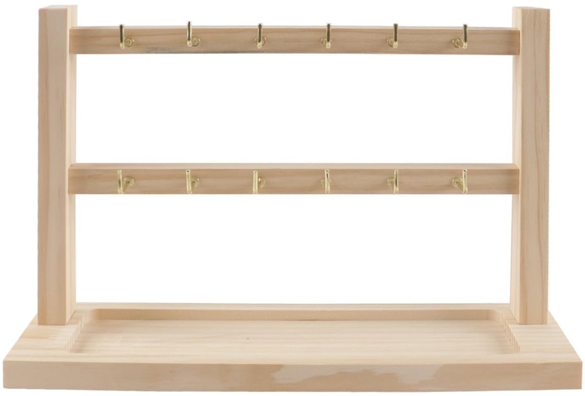 Dailygoods- Oorbellenstandaard 2-laags - Houten Sieradenhouder - 12 Haken - Roestvrij Stalen Haken - Afneembaar Etagesysteem - Natuurlijke Houtolie Afwerking - Sieradenstandaard