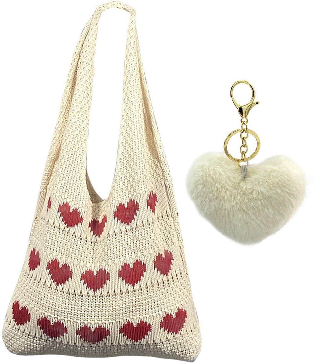 Dailygoods- Handtas grote capaciteit - Gebreide Schoudertas - Casual Dameshandtas - Pluche Sleutelhanger - Katoen - Abrikoos 37x52 cm