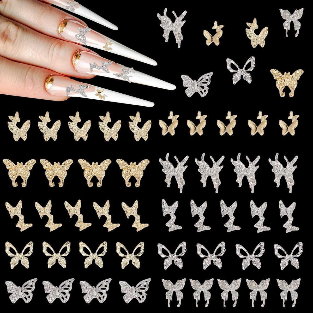 Dailygoods- Nagelhangers 200 Stuks - 3D Vlinder Nagelhangers - Acryl met Strass - Nagellegering Klinknagels - Gouden/Zilveren Sieraden - Multisize Decoratie - Nageldecoratie