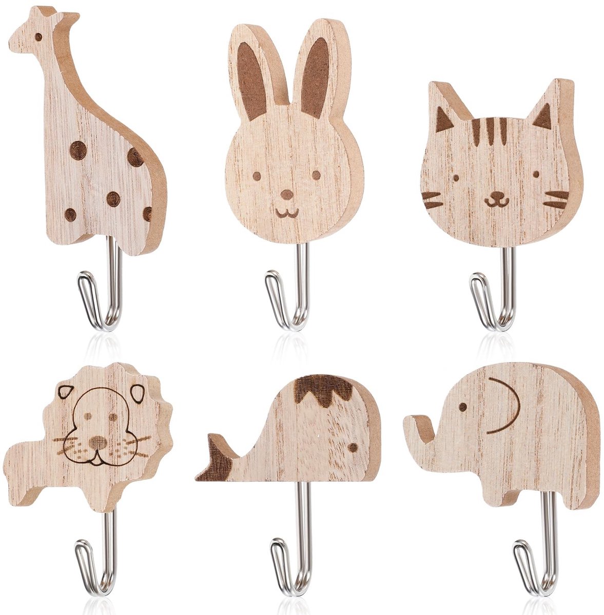 Dailygoods- Dierenkledinghaken 6 Stuks - Zelfklevende Wandhaken - Houten Dierencartoon - Kapstokhaken - Kinderkamer Decoratie - Originele Houtkleur