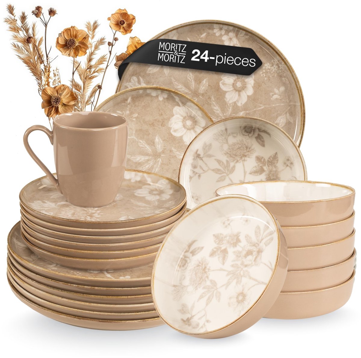 Dailygoods- Serviesset 6 Persoons 24-delig - Aardewerk - Beige met Bloemenpatroon - Vaatwasmachinebestendig - Magnetronbestendig - Modern Design - Tafelservies