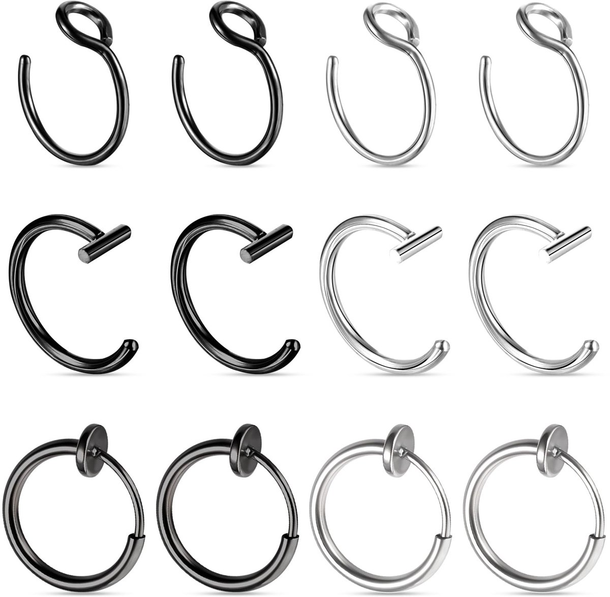 Dailygoods- Neuspiercingset 12 stuks - Nep-neusringen - Septum Hoepel - Roestvrij Staal - Hypoallergeen - Verstelbaar - Neuspiercing