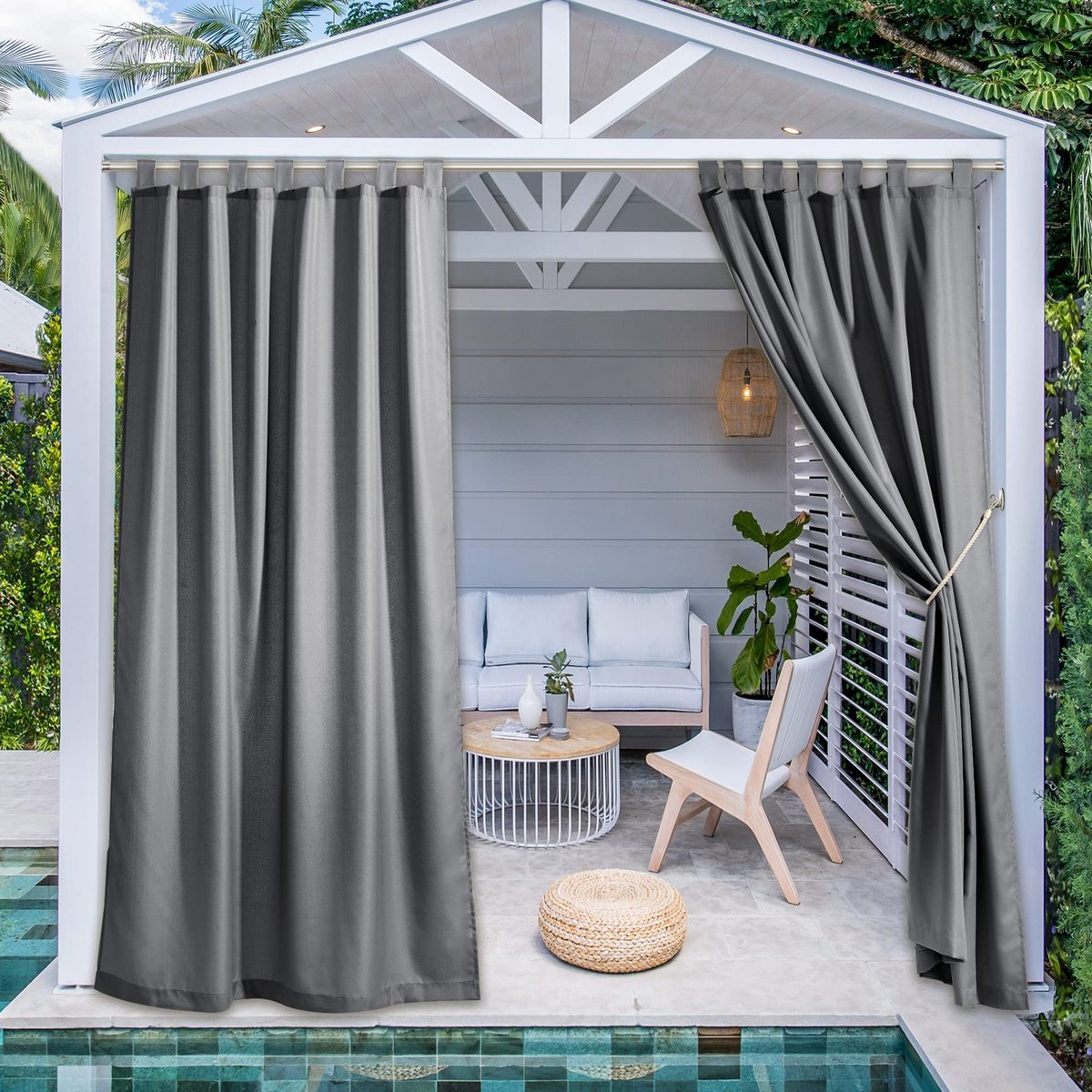 Dailygoods- Buitengordijnen Waterdicht - Geschikt voor Balkons/Terrassen - 2 Panelen - 140B x 213H cm - Klittenband - Grijs - Tuingordijnen