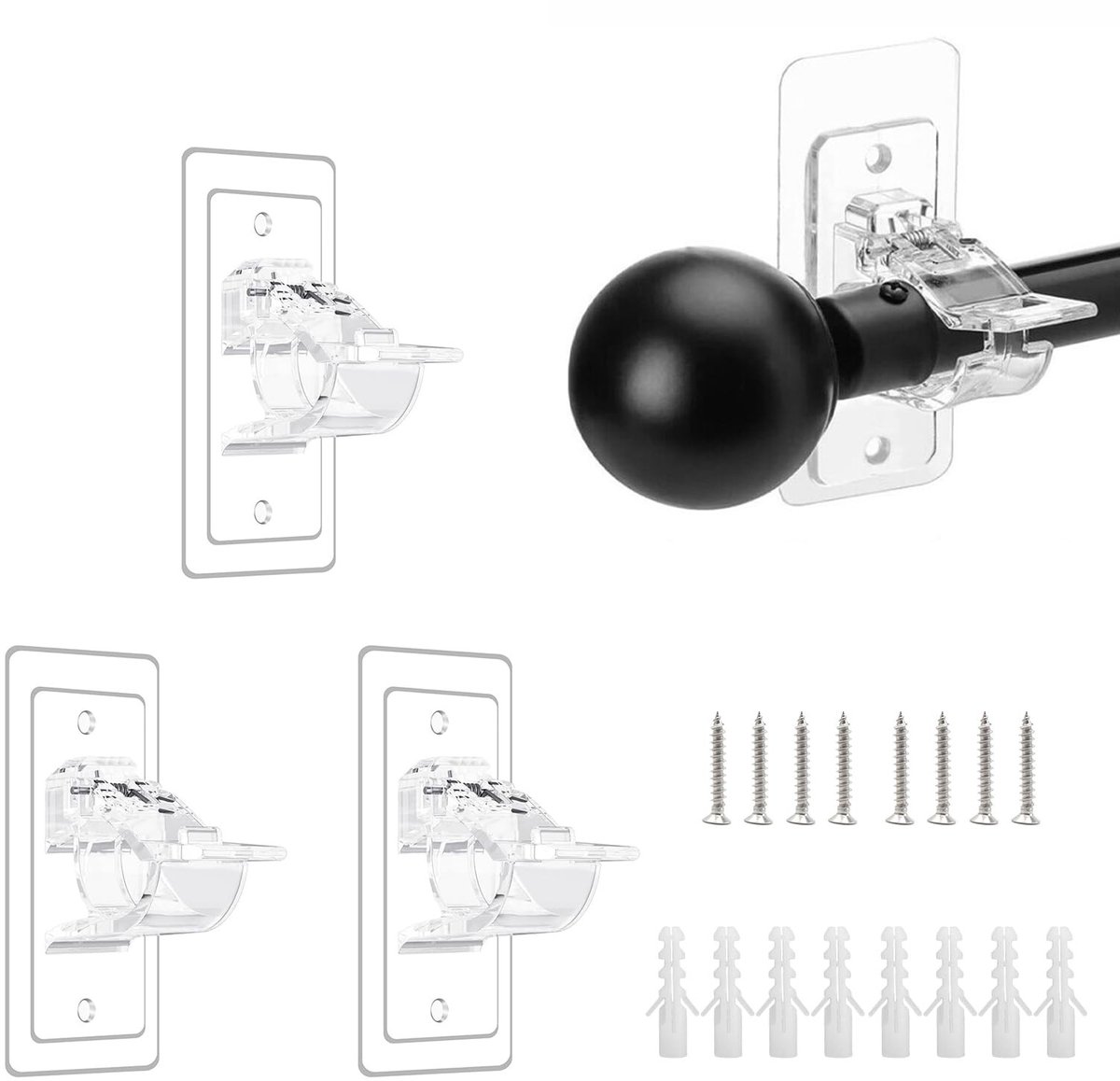 Dailygoods- Gordijnroedehouder Transparant - Zelfklevend/Boorinstallatie - Veerclip Ontwerp - Slijtvast ABS - Geschikt voor Stangen tot 3 cm - Inclusief Schroeven/Expansiebuis - Gordijnhouder