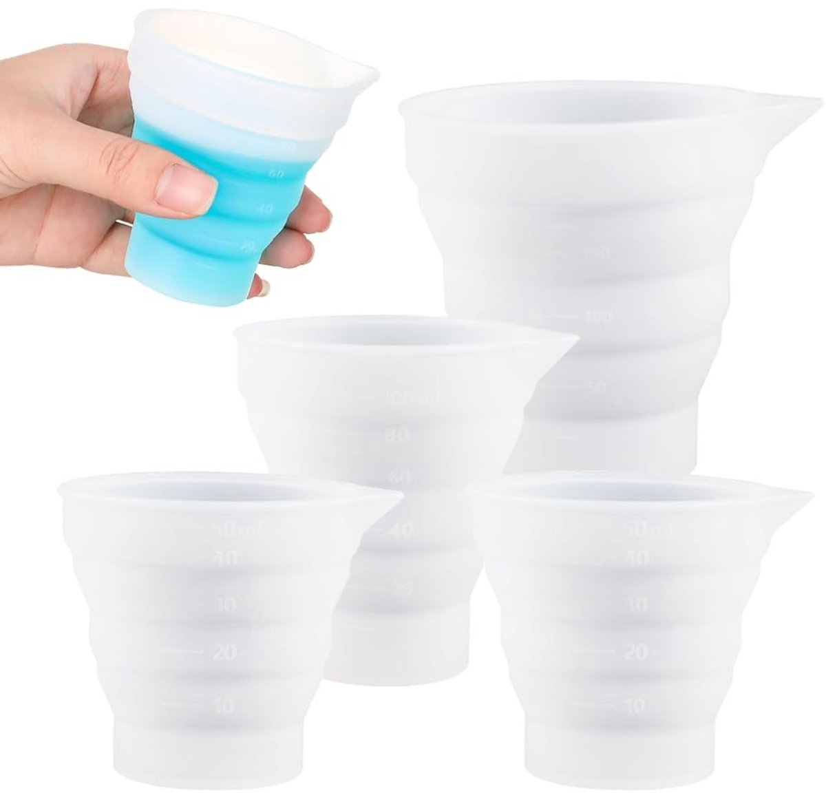 Dailygoods- Wasmiddeldispenser 4 Stuks - Opvouwbare Siliconen Maatbeker - Herbruikbare Doseerballen - 50/100/250 ml - Antiaanbaklaag - Duidelijke Schaalverdeling - Wasmiddelmaatbeker
