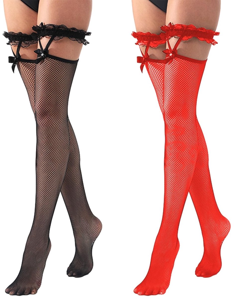 Dailygoods- Netkousen 2 Paar - Kanten Hoge Netkousen - Halterloze Kousen - Dames Kousen - Zwart/Rood - Comfortabel Nylon