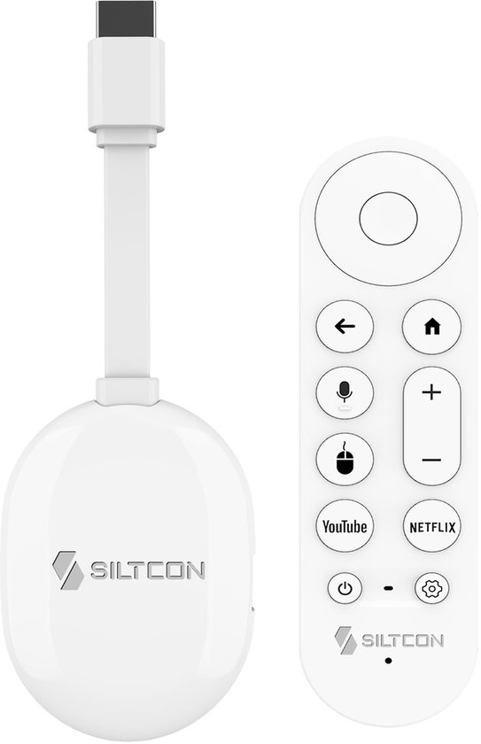 De witte Siltcon Android TV stick met HDMI-kabel en de witte afstandsbediening liggen naast elkaar.
