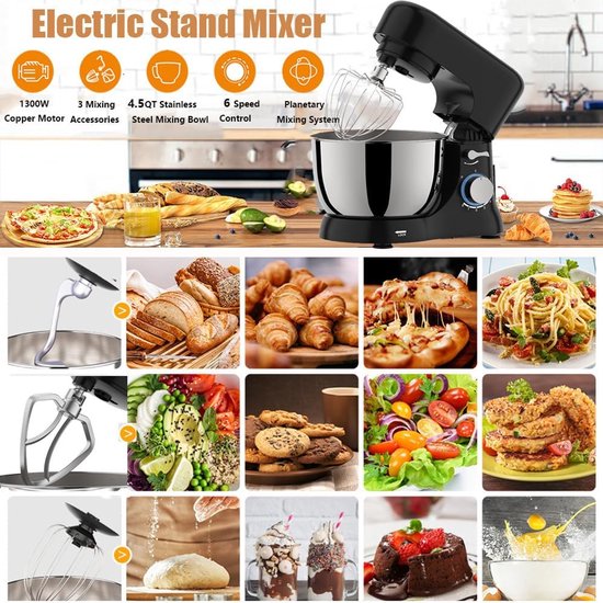 Staande mixer, keuken elektrische mixer met 4,5 Qt kom, 6+ snelheden, 1300W, inclusief deeghaak, platte klopper en draadgarde voor thuis koken — afbeelding 5