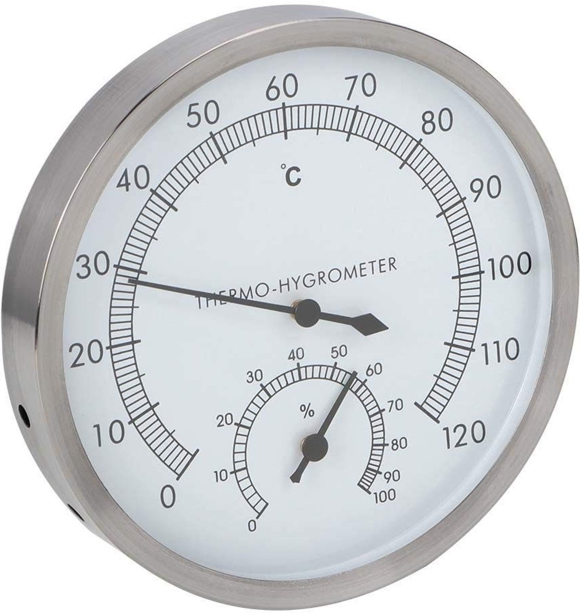 Dailygoods- Saunathermometer 2-in-1 - Hygrometer - Roestvrij Staal - Temperatuurbereik 10-120 °C - Vochtbereik 0-100% - Afmetingen 12,5 x 12,5 cm