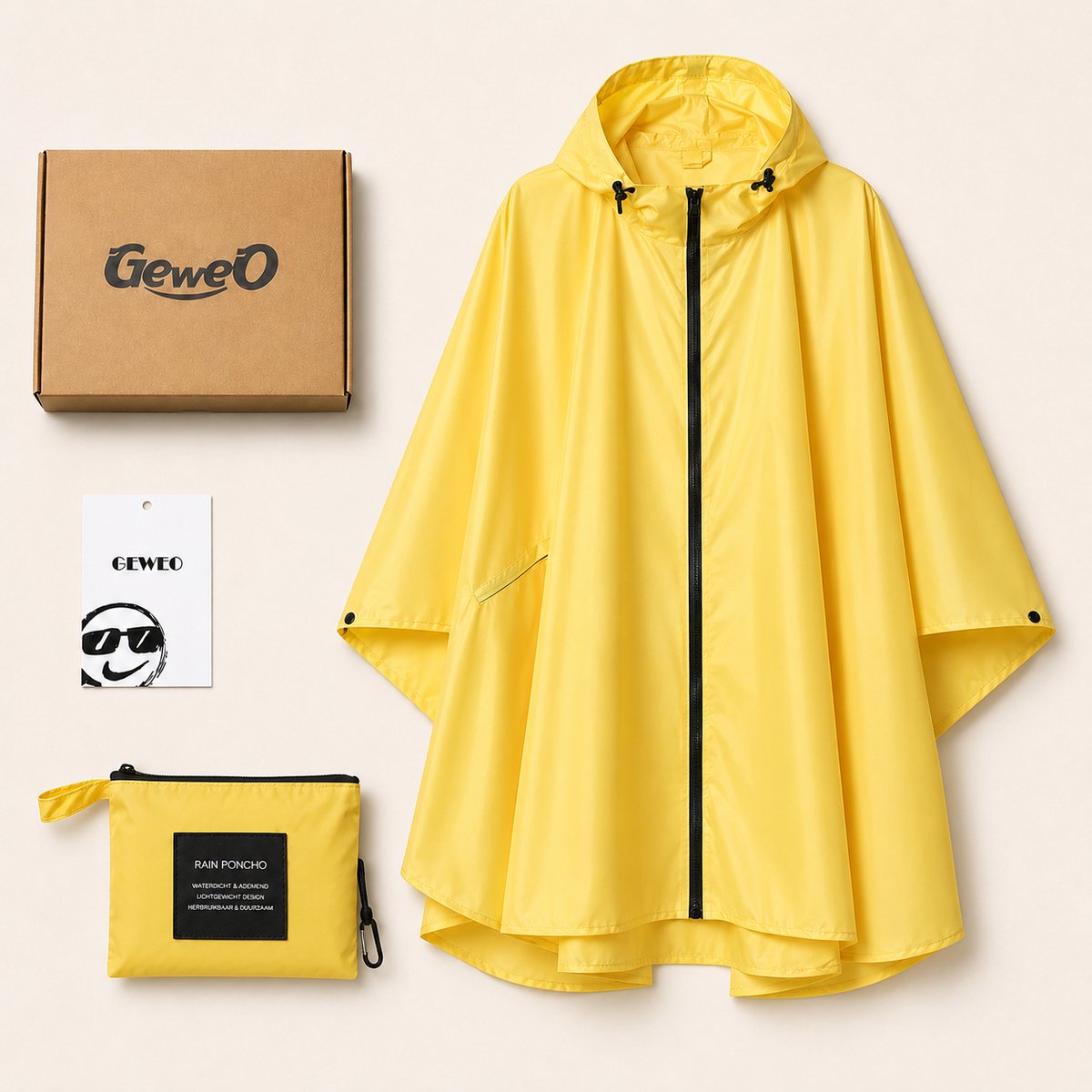 Geweo Regenponcho Volwassenen - Regenmantel Poncho - Raincoat Heren -Fietsponcho - Fietsponcho Fiets Dames - Herbruikbaar- One Size - Unisex - Adjustable Hood en Snap-buttons - Geel