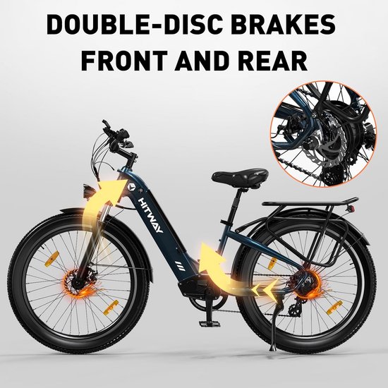 Hitway Elektrische Fiets BK16 - 26*3.0 Inch City Commuter EBike met Afneembare 48V 18Ah Lithium Batterij - Mountain E-Bike met 250W Motor - 7 Versnellingen - IP54 Waterdicht van Hitway — afbeelding 5