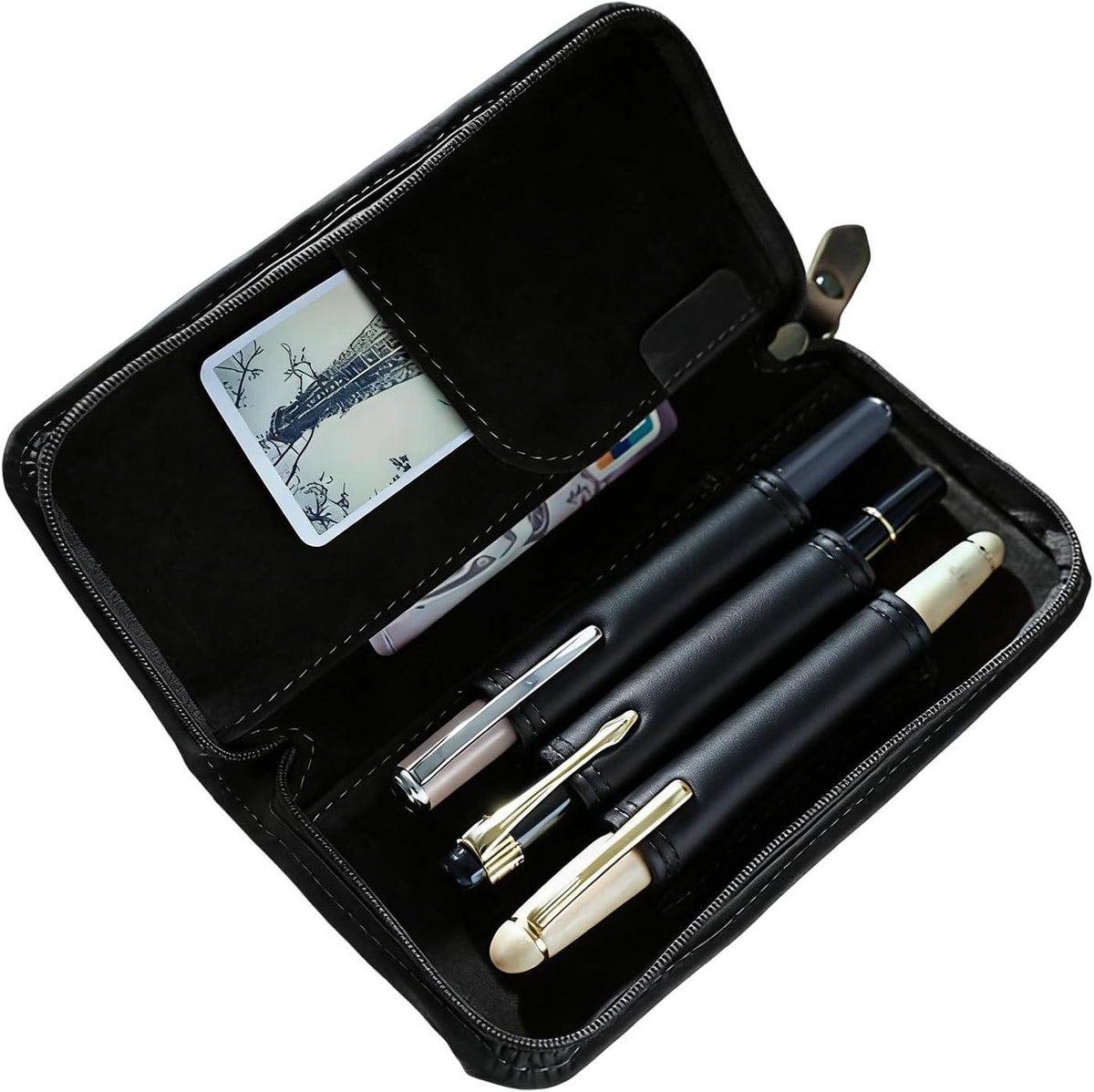 Leren Pennen etui - Hulpmiddel Opbergtas - Schrijfwaren Organiseren - Drie Vakken - 17x8x3 cm - Zwart