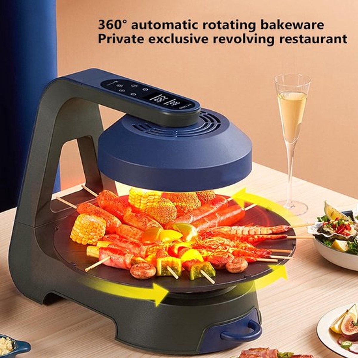 TEKROA® Infrarood Elektrische BBQ Grill 36cm Ø – Grillplaat - Funcooking Rookvrij 3D BBQ - 360° Draaibare Bakplaat, 2 Warmtestanden 695W/1390W - Koolstofvezel Infraroodfilament - Ingebouwde Opbergbox voor Olie - Blauw