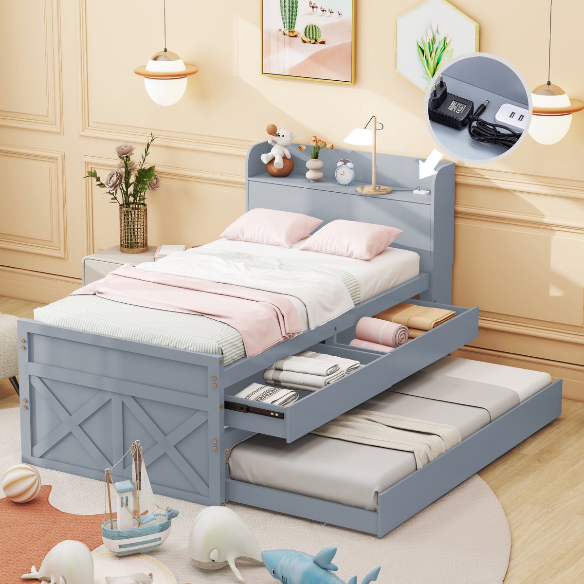 VVBV Bed 90x190 / Opbergbed – met Opbergruimte, Lades, USB, Lattenbodem – Tienerbed – Massief Hout – Grijs – Voor Tieners – Voor Gasten Gray
