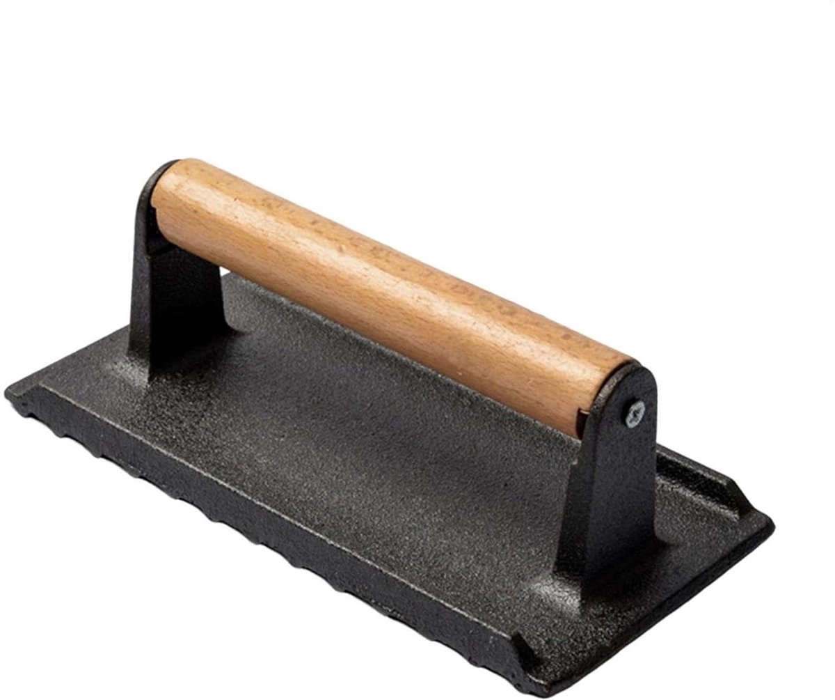 Grillpers Gietijzer - Vleespers Burger - Gelijkmatig Grillen - Ergonomisch Houten Handvat - 21.8 cm Lengte - Zwart
