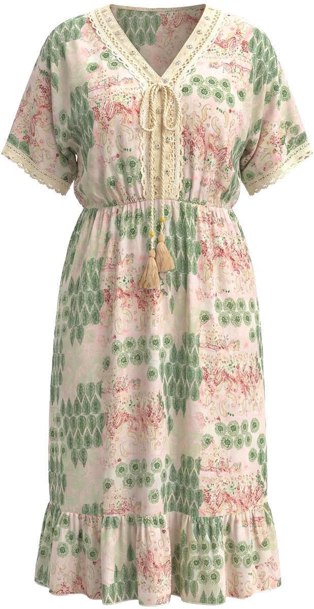 MIAMODA - Dames - Midi-jurk comfortabele pasvorm all-over print kanten linten - Rietgroen - Maat 56