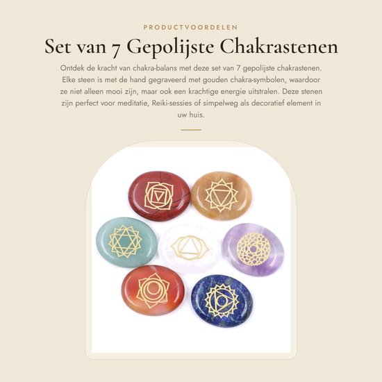 Dailygoods- Chakrastenen Set 7 Stuks - Gepolijste Genezende Stenen - Goud Gegraveerde Chakra-Symbolen - Holistische Gezondheidszorg - Platte/Ovale Vorm - 25 x 22 mm - Geneesstenen van Dailygoods — afbeelding 5