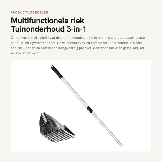 OmGoods - Multifunctionele riek - Tuinonderhoud - 3-in-1 gereedschap - 120 cm - Tuinschep - Ideaal voor tuin en vijver - Hark en zeef van Omgoods — afbeelding 5