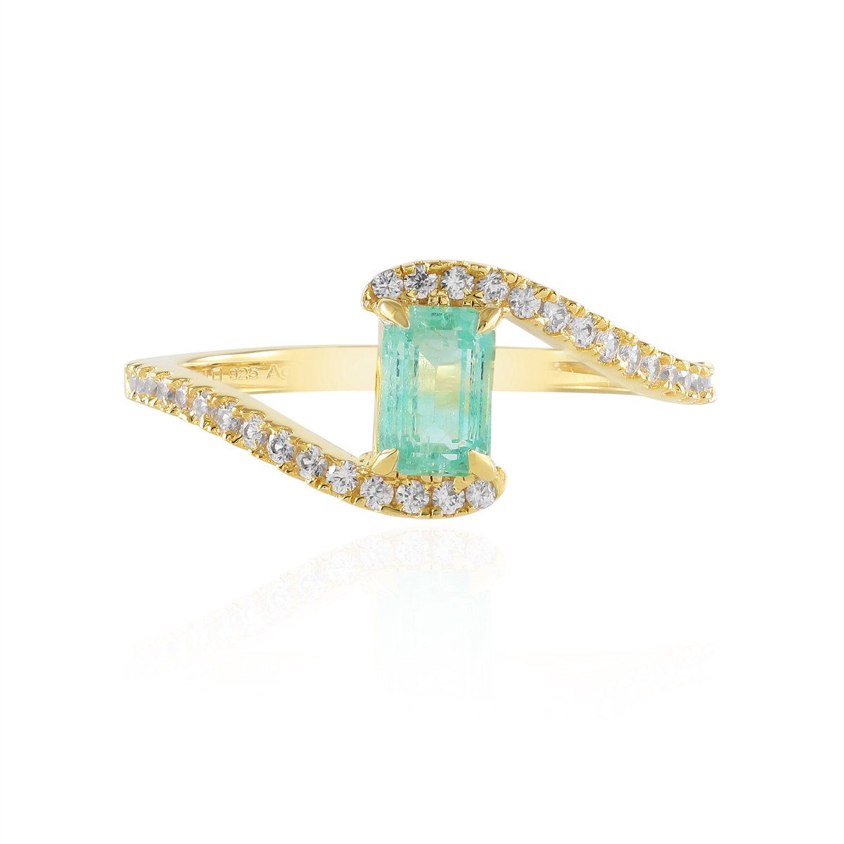 Cavill - 925 Sterling Zilver Geel Verguld - Achthoekige Colombiaanse Smaragd 0,526 ct - Zirkonen Pave - Luxe Ring Dames & Heren