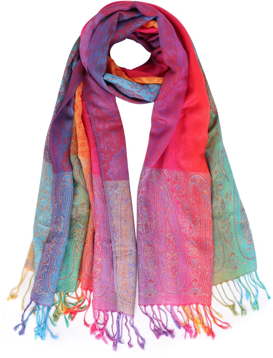 Dailygoods- Sjaal dames warme katoen 70 x 180 cm - Etnische sjaal - Regenboogkleur - Franjes - Ademend en comfortabel - Pashmina