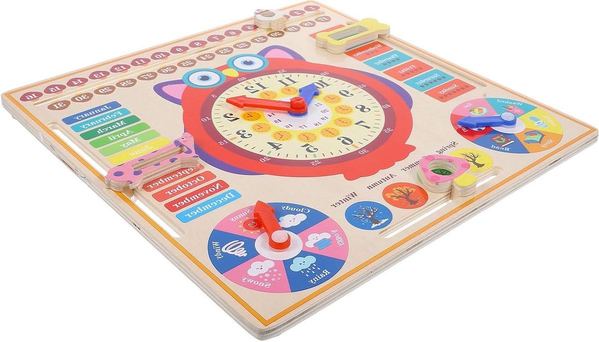 Houten Uil Klok - Educatief Bord - Kinderen Leren Klokkijken - Kleurrijke Seizoenscognitie - 29.8 x 29.8 cm - Multicolor