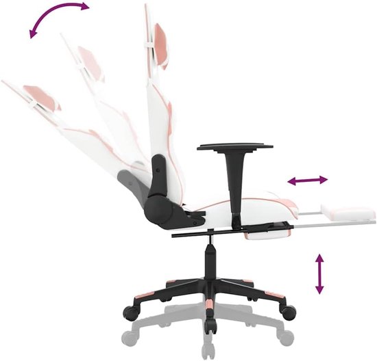 Gamingstoel met massage - Comfortabele stoel - Ontspannen zitten - Ingebouwde voetensteun - Max 110 kg - Roze en wit — afbeelding 3