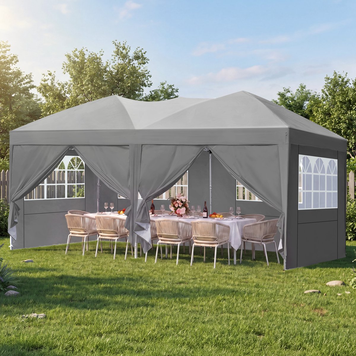 Quictent Vouwbare Partytent 3x6m – met 6 zijwanden, in hoogte verstelbaar – Grijs