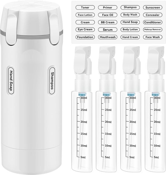 OLOEY 4-in-1 Reisdispenserset voor toiletartikelen-met vier reisflacons van 30 ml-Lekvrij en compact-compleet met maatverdeling en etiketten-Geschikt voor shampoo-conditioner-bodylotion en meer (1 stuk-wit)