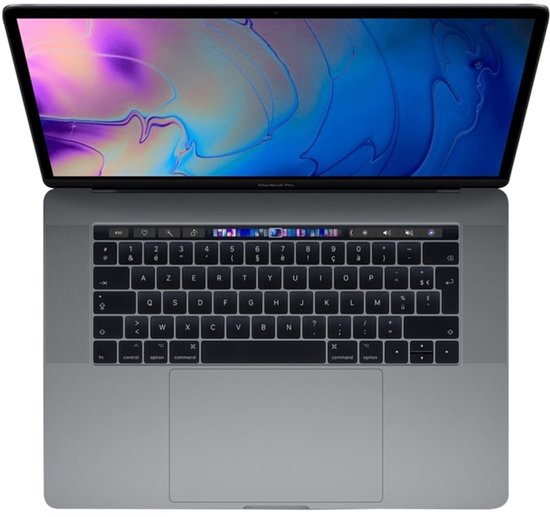 Grijze MacBook Pro met opengeklapt scherm met kleurrijke achtergrond. Touch Bar boven het toetsenbord.