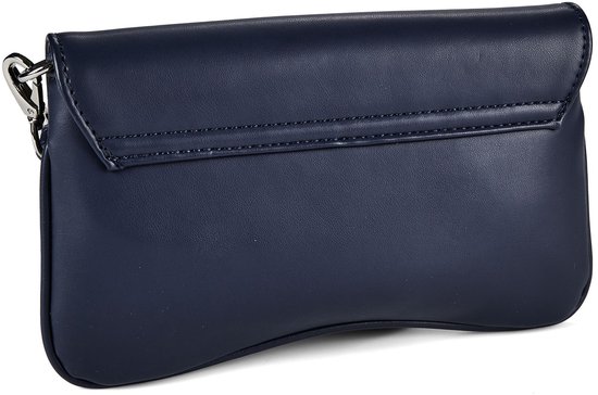 Donkerblauwe Valentino clutch, achterkant met klep en gesealde rand.