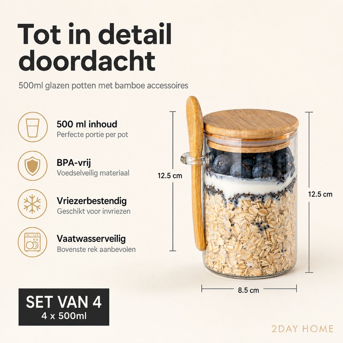 2DayHome Overnight Oats Potjes Glas - Set van 4 met Bamboe Deksel en Lepel - 500 ml - Luchtdicht - Muesli Beker - Yoghurtbeker - Lunchpot - Havermout Ontbijtpotjes - Meal Prep Glazen Voorraadpotten met Deksel - Incl. Receptenboek — cadeau in Kookcadeaus - foto 6