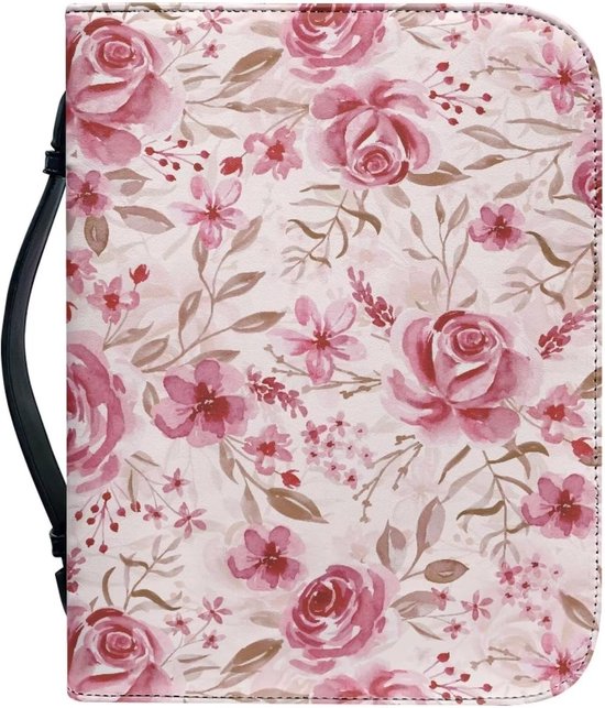 Bijbelhoes met Handvat - Boekentas Beschermhoes - Bijbel Opbergen - Bloemenprint PU Leer - M: 23.4x16x4.1 cm - Roze — afbeelding 3