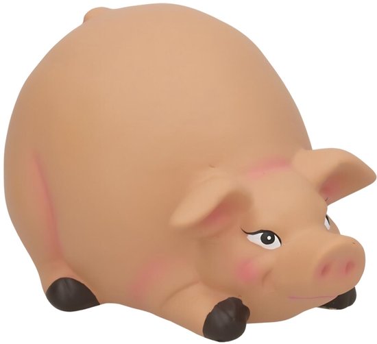 Lichtroze spaarvarken met zwarte pootjes en subtiele rode strepen op de flank.