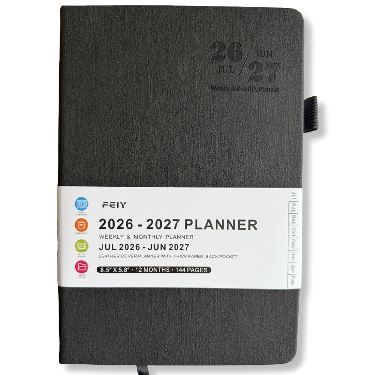 Feiy Black Agenda - 2026-2027 - A5 formaat Schoolagenda - 1 week op 2 pagina's - Harde kaft - Met Elastiek