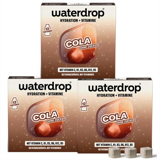 Trois paquets de waterdrop "Cola Ohne Zucker" (sans sucre) contenant des vitamines C, B1, B3, B6, B12, B5.