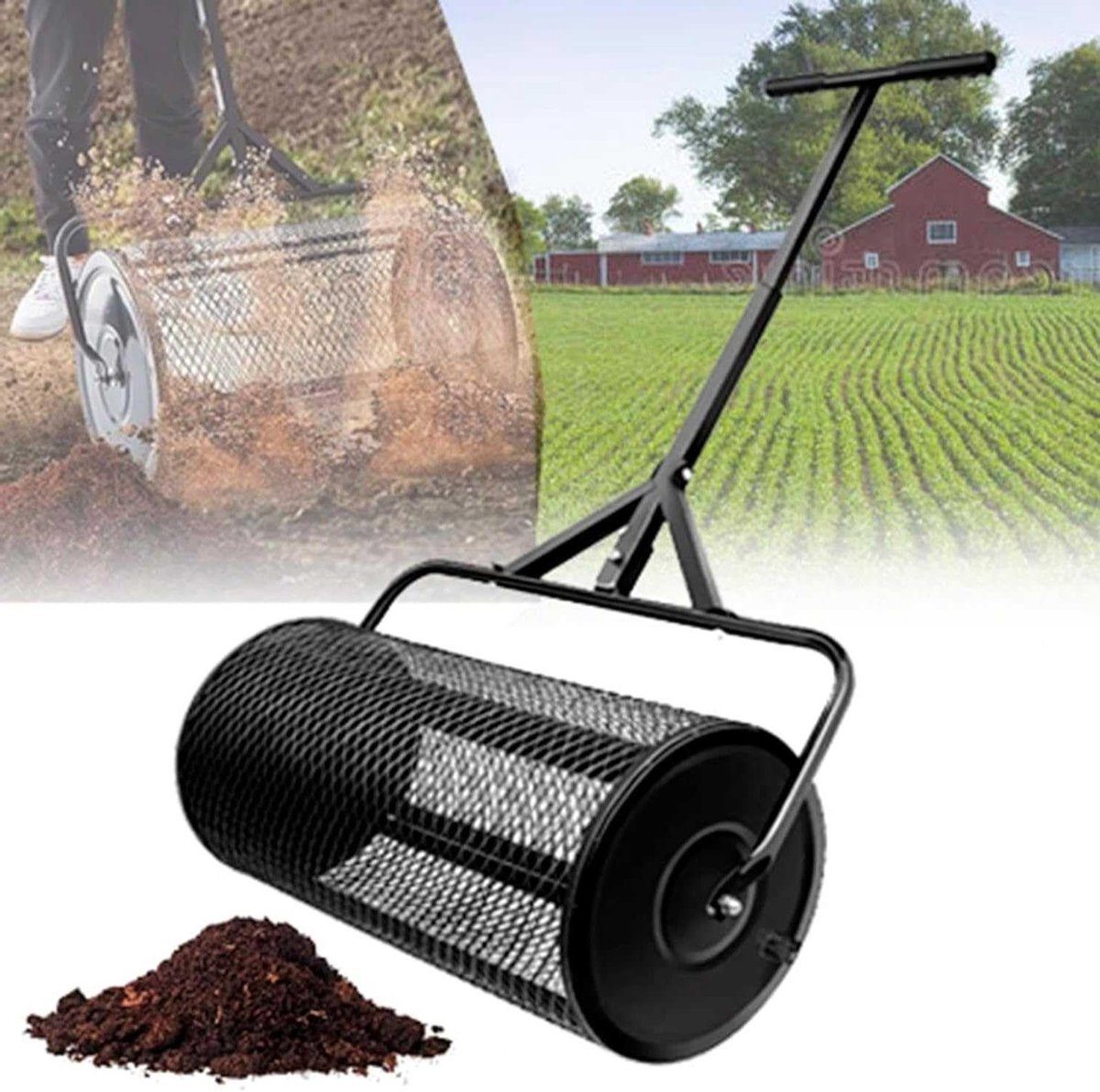 Compostverspreider turfmosstrooier 61 cm brede metalen gaas rolverspreider voor topdressing compost, vuil, mulch, meststof, bodem - gazon- en tuinverspreider handheld