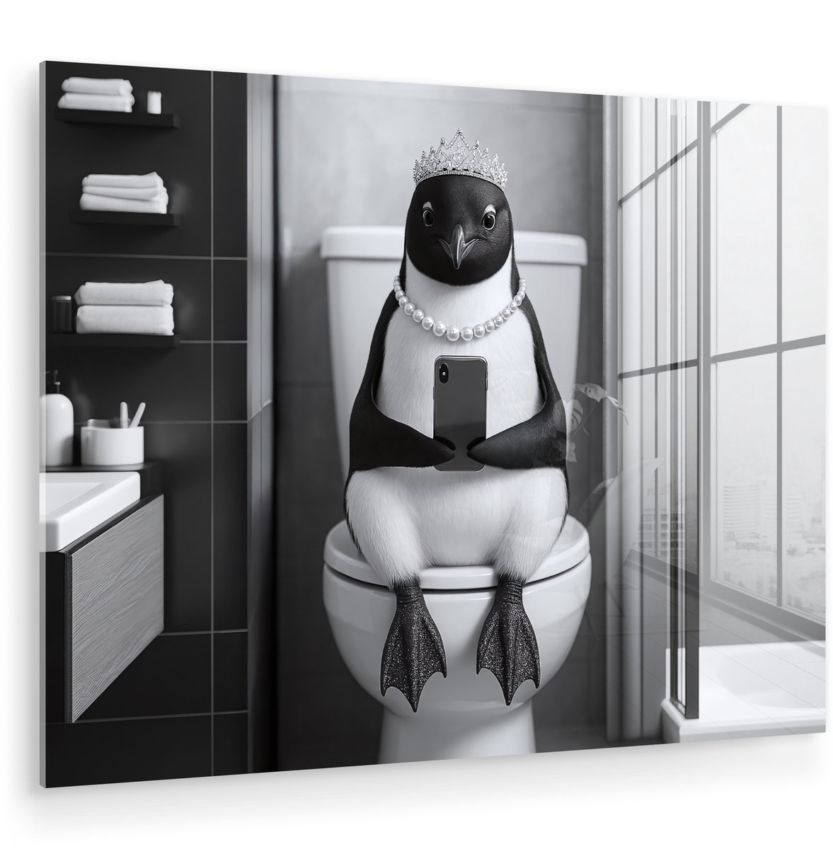 MuchoWow® Glasschilderij 160x120 cm - Schilderij acrylglas - Pinguïn - Telefoon - Toilet -