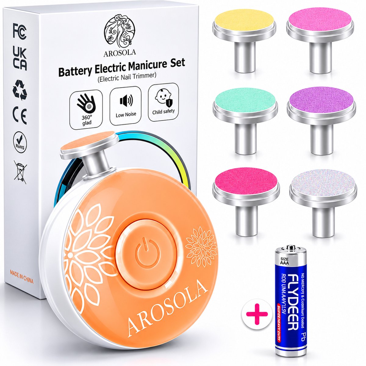 AROSOLA® Elektrische Baby Nagelvijl - Baby Manicure Set - Veilig Nageltjes Vijlen - 6 Opzetstukken - Fluisterstil - Oranje