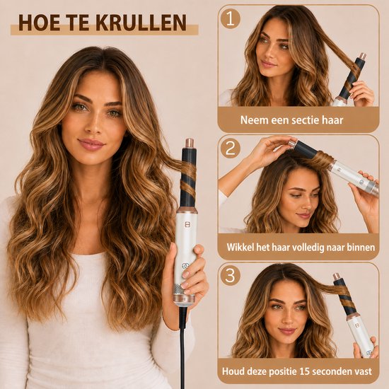 Stappenplan voor het krullen van haar met de haardroger-styler, met model die haar om de krulborstel wikkelt.